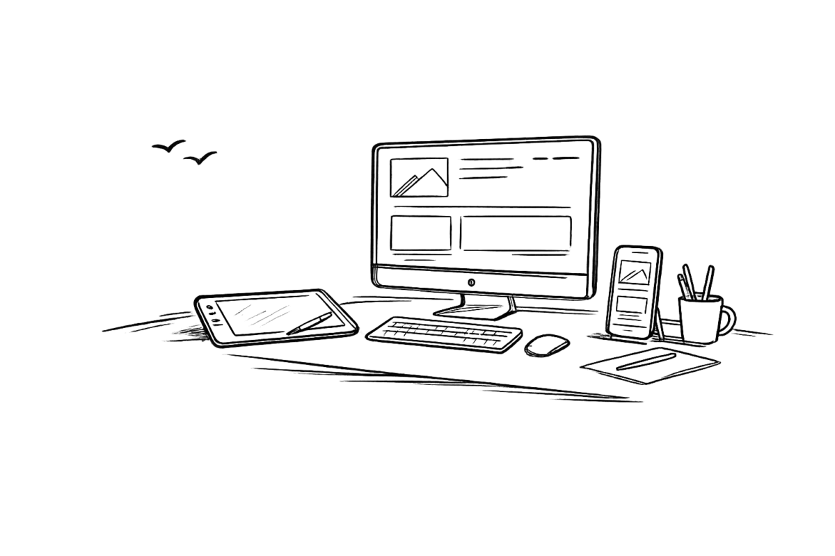 Schreibtisch mit Computer und Mobilgeräte